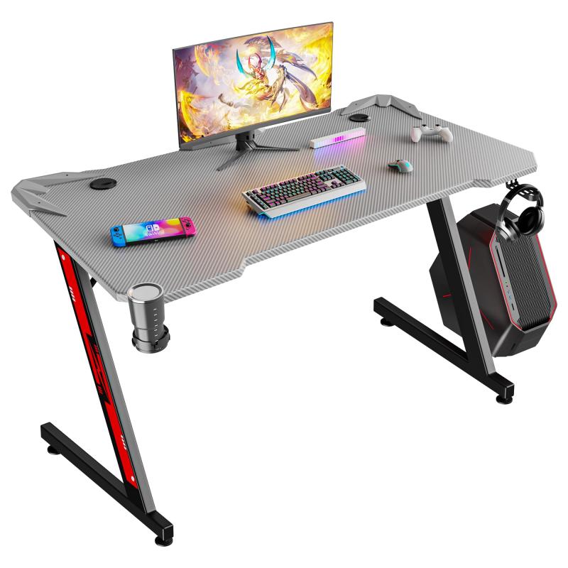 Victone ゲーミングデスク「メーカー」幅112cm*奥行60cm*高さ74.4cm パソコンデスク Z字脚 PCデスク ゲームデスク オフィスデスク 作業机 炭素繊維天板 カップホルダーとヘッドフォンフッ