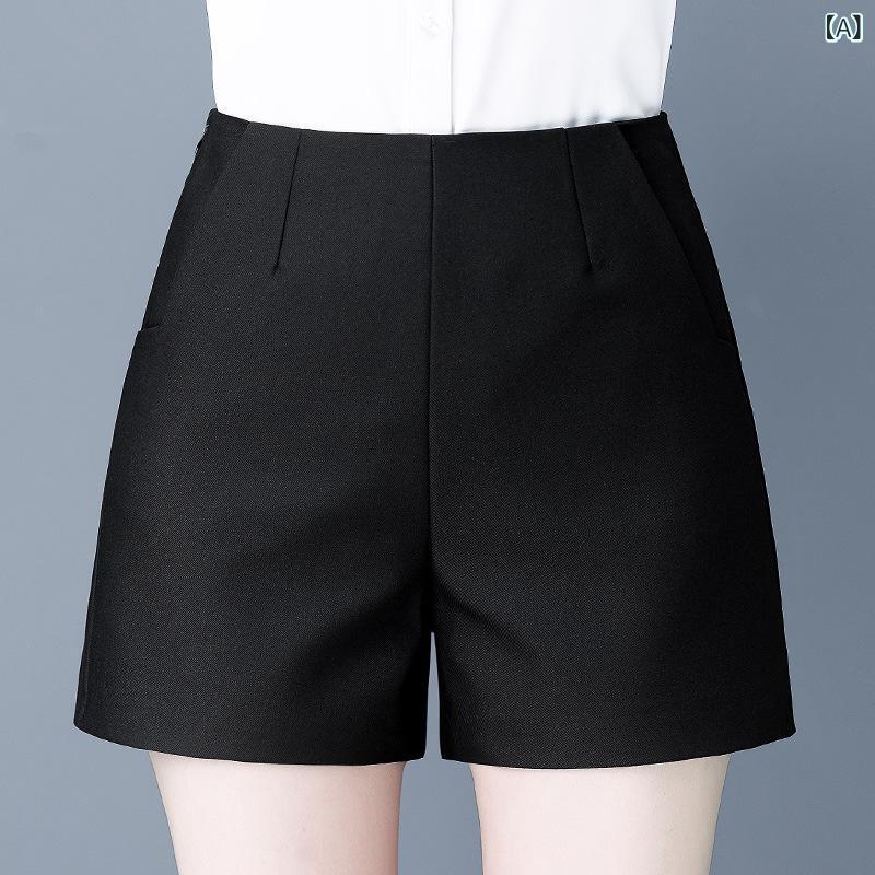 レディース 夏用 ワイドパンツ ショート丈 ハーフパンツ ハイウエスト 薄手 ポリエステル混紡 微弾性 通勤風 気質スタイル 金属装飾 ブラック ホワイト 軽量 伸縮性 吸湿速乾 カジュアル fork-br-10614586 フォークBR サンプル画像2