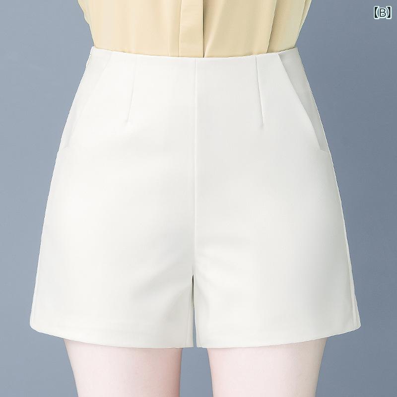 レディース 夏用 ワイドパンツ ショート丈 ハーフパンツ ハイウエスト 薄手 ポリエステル混紡 微弾性 通勤風 気質スタイル 金属装飾 ブラック ホワイト 軽量 伸縮性 吸湿速乾 カジュアル fork-br-10614586 フォークBR サンプル画像3