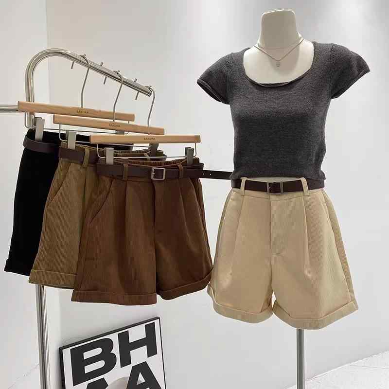 レディース 秋冬 短パン ウエストパンツ 工装風 ワイドレッグ ロールアップ コットン混 ポリエステル 高腰 スリム 気質 通勤スタイル 微弾性 薄手 立体装飾 免アイロン ブラック カーキ ブラウン 春夏 秋冬 普段使い 軽量 伸縮性