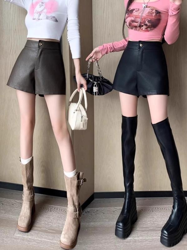 ショートパンツ レディース 秋冬 高腰 プー素材 切り替え Aライン ワイドレッグ 伸縮性 ミッドウェイト ブラック カフェオレ ジップ プルオン カジュアル 日常使い 韓国風 楽ちん シルエット強調 軽量 クール デイリー アクティブ