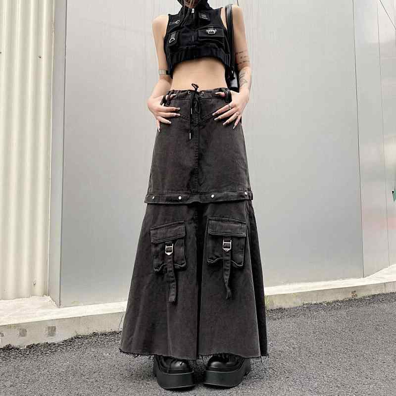 スカート 女性用 ヴィンテージ 秋冬 ミリタリー デニム ロング Aライン フレア 切り替え ポケット 付き 垂れ感 個性 スタイル 綿 素材 微弾性 街頭 カジュアル デイリー 普段使い ハイウエスト デザイン ダークグレー 系 軽量 伸縮性 吸湿速乾