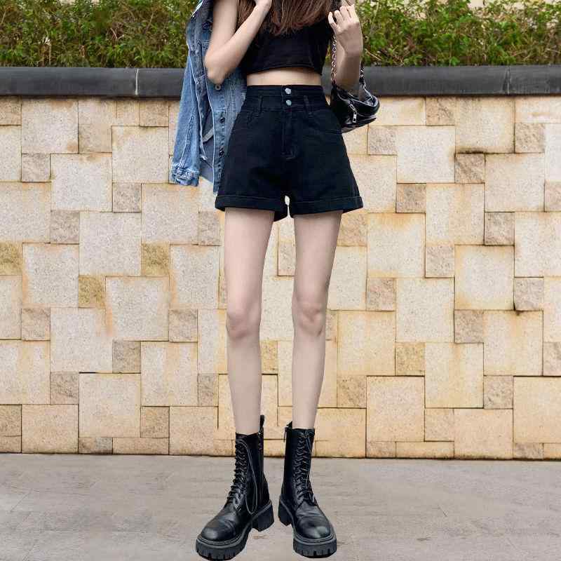 乐天商城 - デニムショートパンツ レディース 高腰 ハイウエスト 巻き縁 デニム コットン 綿素材 通勤用 普段使い 韓国スタイル シンプル ブラック ホワイト ライトブルー 薄手 軽量 伸縮性 吸湿速乾 春夏 夏物 スリムシルエット ビッグシルエット ショート丈
