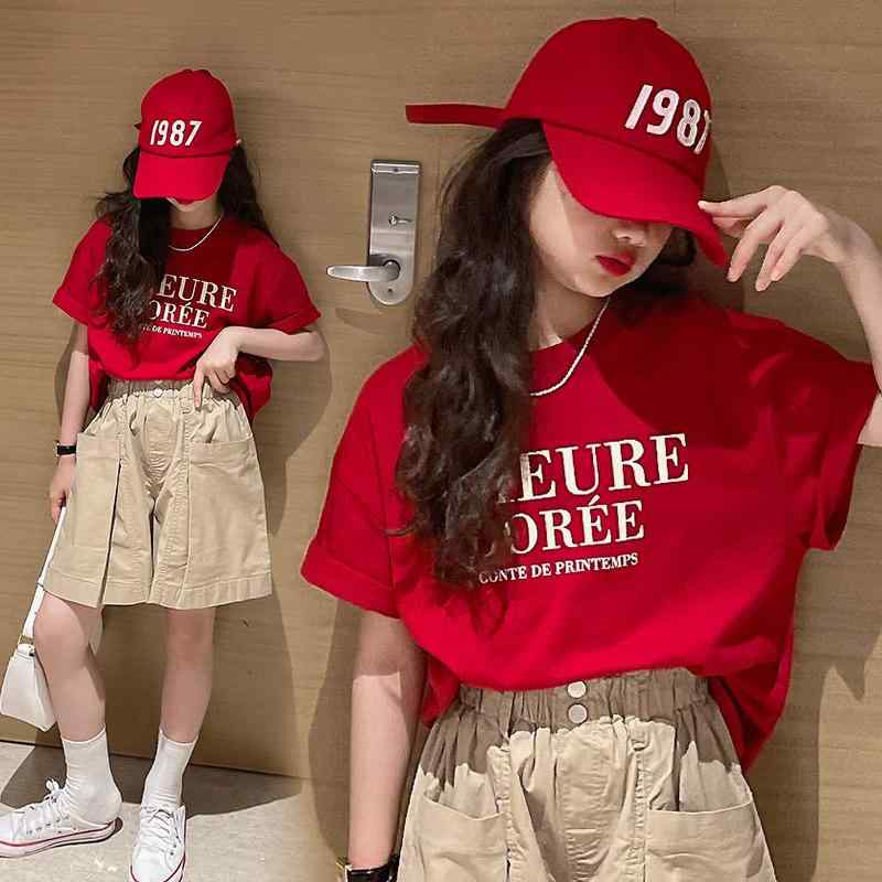 女の子 短袖 Tシャツ 夏用 韓風 かわいい 赤 純棉 トップス 子供服 吸湿速乾 丸首 ユニセックス 親子 おしゃれ 赤T ビッグポケット 切り替え プリント 120cm 130cm 140cm 150cm 160cm 170cm