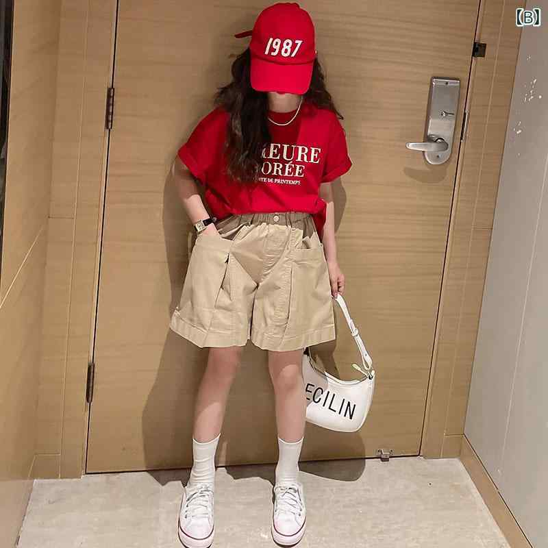 女の子 短袖 Tシャツ 夏用 韓風 かわいい 赤 純棉 トップス 子供服 吸湿速乾 丸首 ユニセックス 親子 おしゃれ 赤T ビッグポケット 切り替え プリント 120cm 130cm 140cm 150cm 160cm 170cm 3