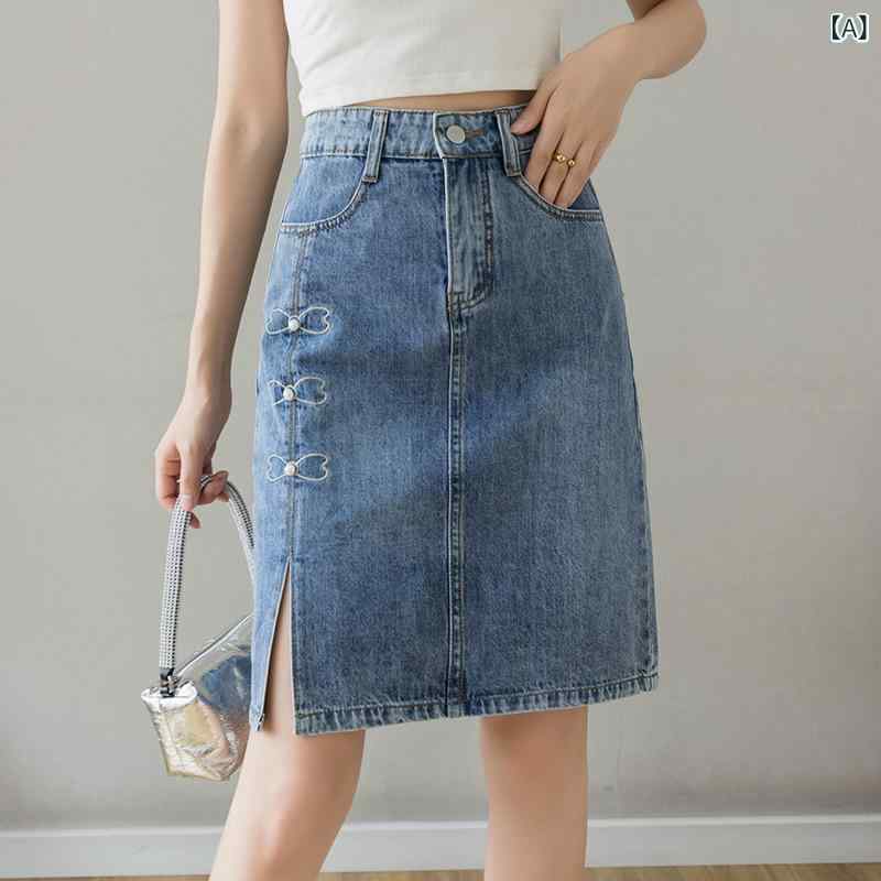 乐天商城 - 半身スカート 女性用 春夏 デニム Aライン 中丈 ハイウエスト スリム効果 スタイリッシュ 釘珠刺繍 切り替え コットン 微弾性 ブルー 日常使い 快適 韓国風 カジュアル