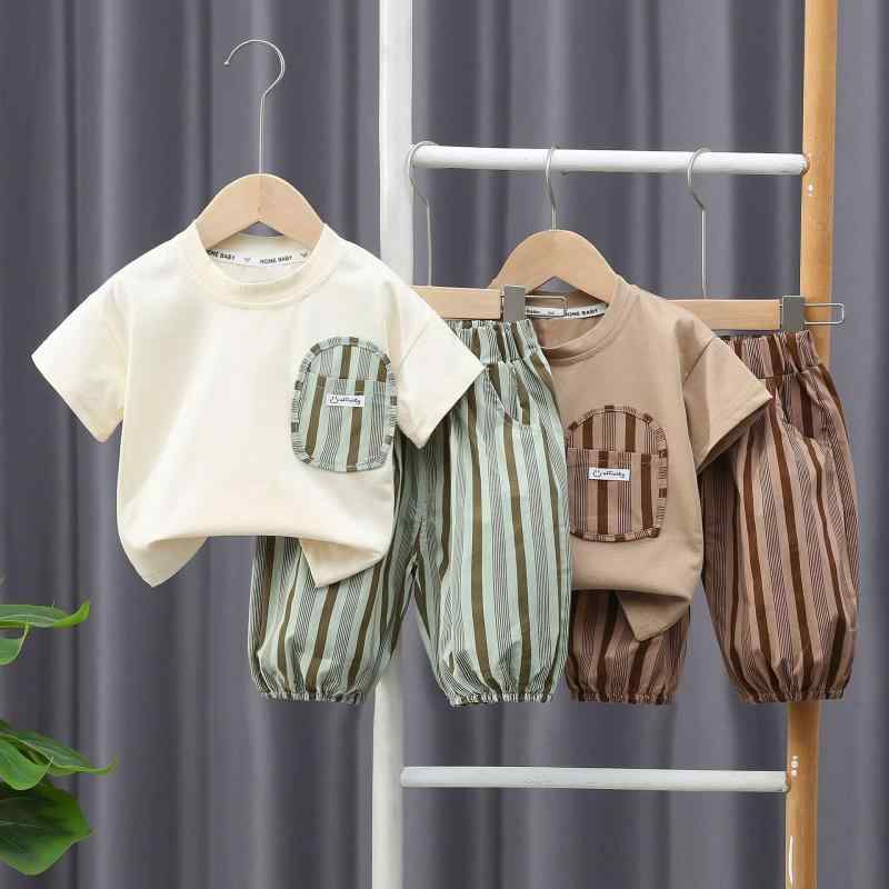 キッズ ベビー 男の子 女の子 中性 夏 春夏 薄手 コットン 綿100% 短袖 セットアップ トップス シャツ ポロシャツ スタイリッシュ 縦ストライプ 柄 ポケット デザイン 楕円形 ポケット 切り替え ピスネ セット 短パン パンツ ボトムス 80