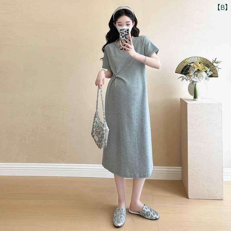 フォークBRのマタニティ ワンピース 半袖 クルーネック ゆったり 着痩せ 産前産後 妊婦服 おしゃれ 春夏 きれいめ カジュアル 体型カバー ロング丈 無地 シンプル ナチュラル｜アングル3