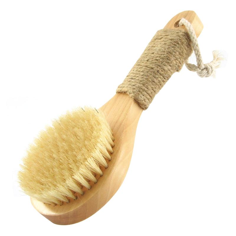 BingDi お風呂用の豚毛製ボディブラシ 短い柄 長さ20cm 手足洗いやすい 滑り止めの麻紐付き やや硬い 男性向け