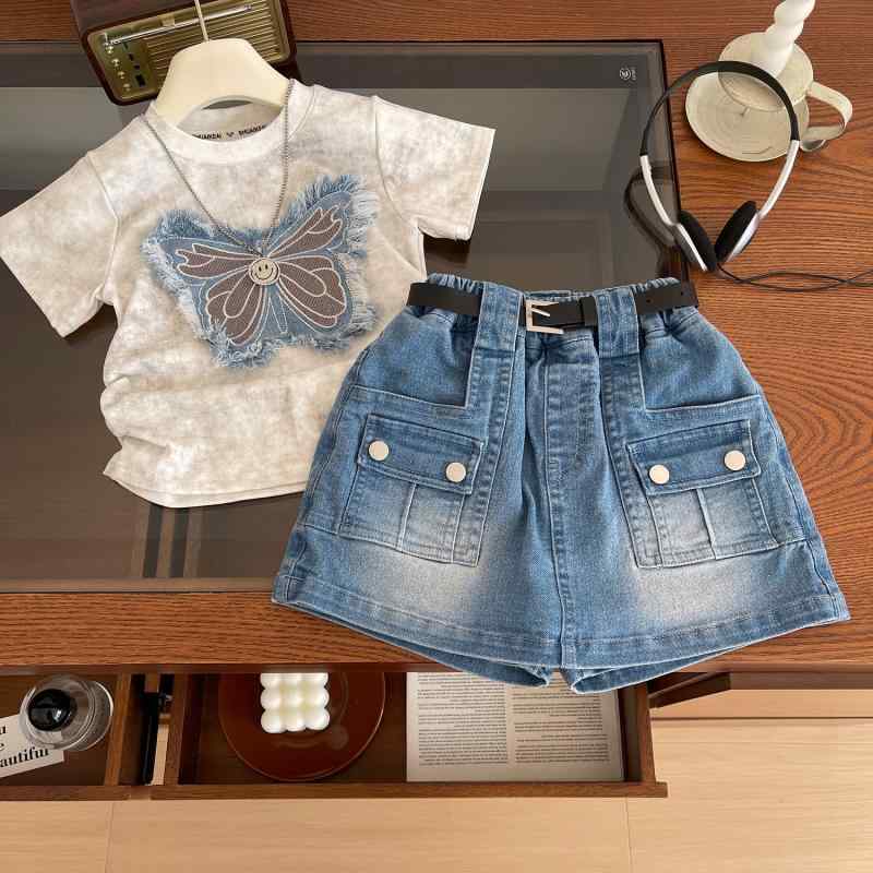 女児服 キッズ 女の子 夏用 牛仔 デニム 短袖 Tシャツ トップス 蝶結び 刺繍 かわいい 柄 薄手 綿 素材 吸湿性 快適 短パン スカート セット 3〜8歳 100〜140cm 普段使い 通学 軽量 動きやすい ブルー ベーシック コーデ