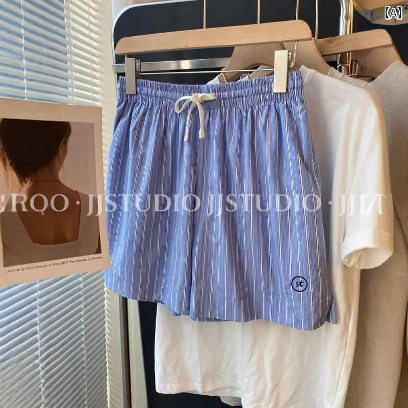 レディース 韓国風 ワイドパンツ 短め クロップド 縦ストライプ ミッドライズ 薄手 ポリエステル 軽量 微弾性 ポケット付き 快適 カジュアル 日常使い ブルーストライプ 夏 ルーズフィット 大きめサイズ