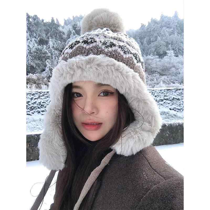 レディース ニット帽 雷锋帽 フェアアイル柄 毛糸 耳当て 秋冬 加厚 保暖 防寒 丸型 無檐 ウサミ かわ..