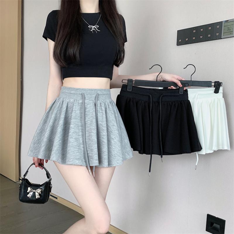スカートパンツ 女性用 夏用 グレー コットンポリエステル Aライン 短丈 ギャザー 微弾性 防見え抜け 低腰 韓国風 かわいい 清新 スイート ビンテージ風 ライトウェイト 通勤 普段使い ミッドトーン ソフトタッチ