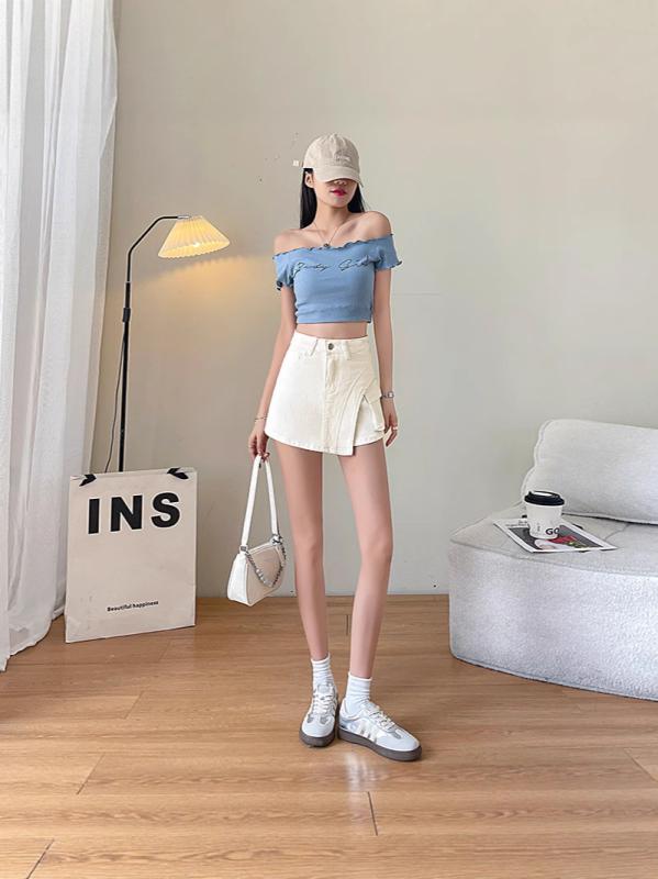 デニム スカートパンツ レディース 春夏 薄手 コットン ポリエステル 混紡 高腰 ハイウエスト クイックドライ 微弾性 切り替え Aライン 不規則 デザイン 防走光 短パン スカート ショーツ クール ビズ スタイル 気質 通勤 普段使い 軽量 吸湿速
