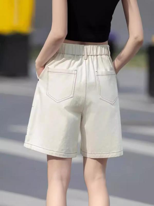Cropped Pants - デニム ショーツ 女性用 高腰 白色 綿素材 薄手 直筒 膝上丈 砂洗加工 街頭スタイル 普段使い 軽量 通勤 夏 春夏 切り替え ポケット 細身 ゆったり 吸湿速乾 カジュアル 再生繊維 ミックス