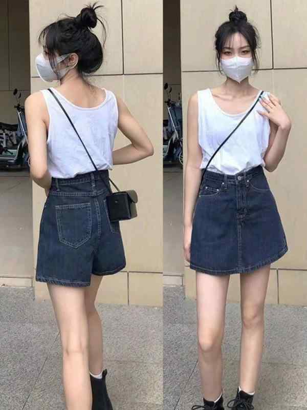 デニム スカートパンツ 女性用 夏 春夏 高腰 Aライン ぽっちゃり対応 ミモレ丈 包みスカート デニム生地 綿素材 ブルー ショート丈 ジッパー ボタン 切り替えデザイン ストリートスタイル ヒップホップ風 かわいい 清新 普段使い 軽量 通勤 膝上丈
