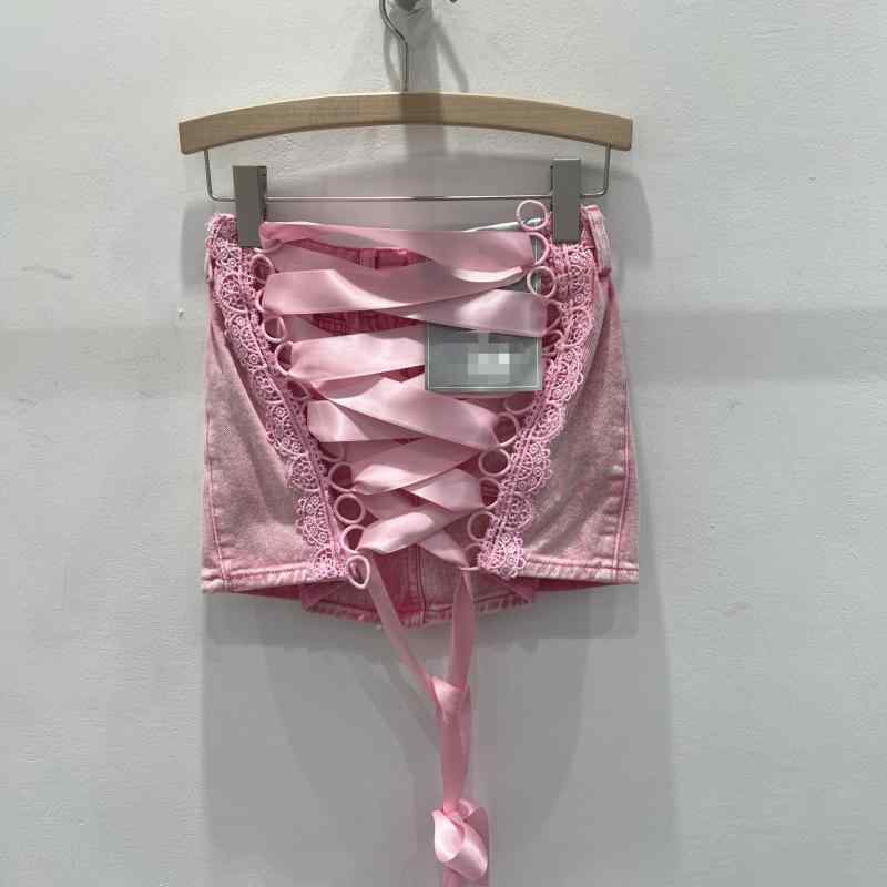 レディース デニムスカート 半身スカート 短スカート Aライン ミモレットスカート 女性用 牛仔コットン 微弾性 ピンク ブラック イエロー ライトブルー 杏色 ピンク系 夏 春夏 甘辛スタイル かわいい ファッション 切り替えデザイン レース刺繍 ウエ