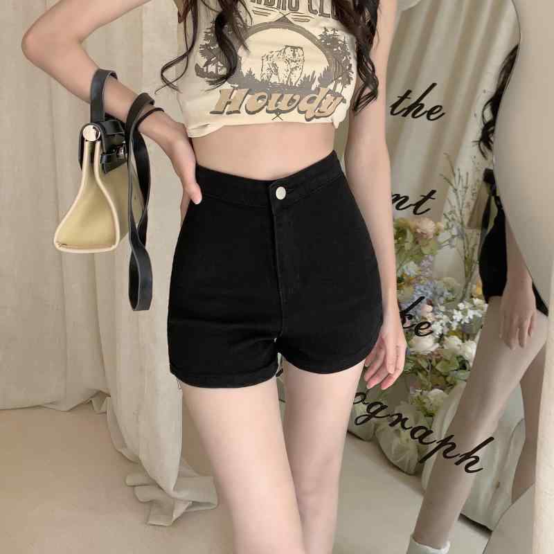 デニムショーツ 女性用 夏 高腰 ストレッチ スリムフィット 修身 韓国風 ストレート ヒップハグ セクシー ホットパンツ ブラック 綿デニム 接触冷感 通勤スタイル 気質 微弾力 ワイドレッグ 膝上丈 軽量 吸湿速乾 普段使い 春夏 カジュアル