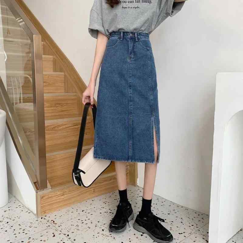 スカート 女性用 デニム スカート 高腰 ストレート スカート ゆったり スリム ヒップカバー 中長丈 スカート 夏 ポリエステル コットン デニム 素材 微弾性 通勤 スタイル 都市 カジュアル ブルー カラマカロン カラー 仙女 スカート デザイン
