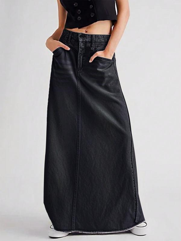 Skirts - レディース スカート 夏 牛仔 半身 ロング Aライン ブラック 気質 通勤 切り替え デザイン 垂感 ポケット 付き 軽量 伸縮性 なし デニム 素材 ポリエステル 混 色ブロック パターン 手磨き 加工 流蘇 ディテール 観光 日常 デート 職場 向