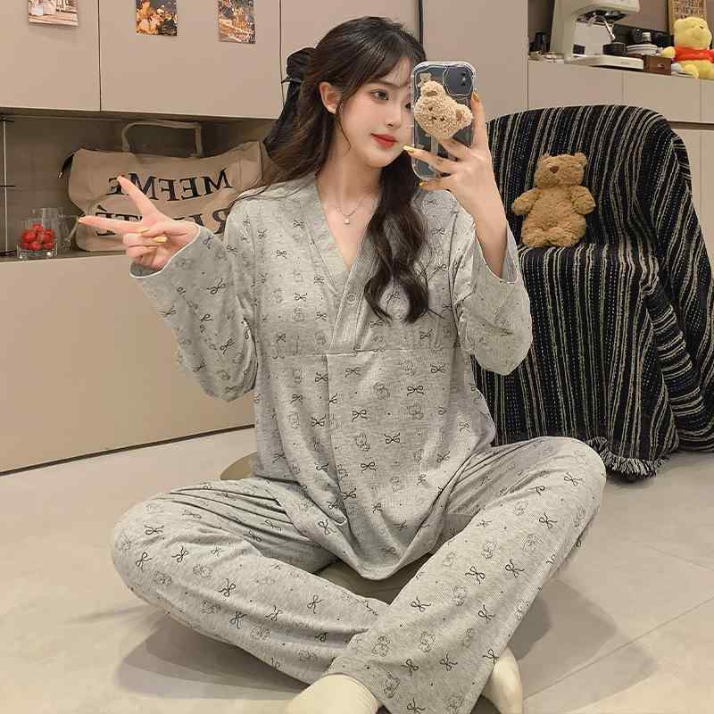 ルームウェア レディース 春秋 授乳服 パジャマ 妊婦服 モダール 産後 授乳口付 胸...