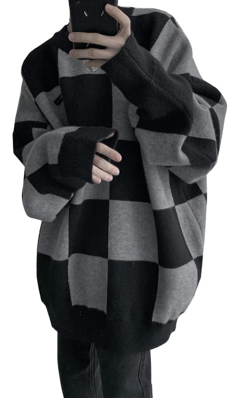 [BEIBANG]セーター メンズ ニット オーバーサイズ ドロップショルダー 長袖 ゆったり ニットセーター クルーネック チェック柄 ビッグシルエット 韓国ファッション トップス 秋冬