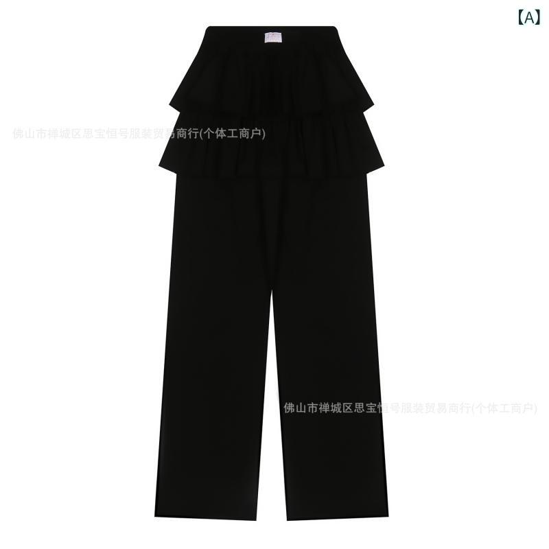 下装 - レディース スカートパンツ スカパン 直筒 ゆったり ワイドパンツ 荷葉エッジ レイヤード フレア コットン 綿素材 微弾性 ミッドライズ ロング丈 夏 春夏 ブラック グレー 気質 日常使い 韓国風 シンプル 基本デザイン 3Dパターン 提花加工 吸湿