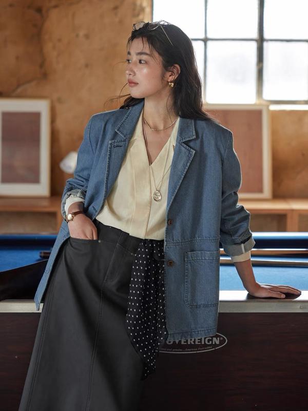 Custom-Made - ジャケット 女性用 春夏 通勤用 デニム 綿 伸縮性 ロングスリーブ ワイド フィット フレンチスタイル 気質 コーディネート ライトウェイト ブルー コットン ブレンド スタンドカラー ルーズシルエット デイリーオフィス コンフォート トップス レイヤ