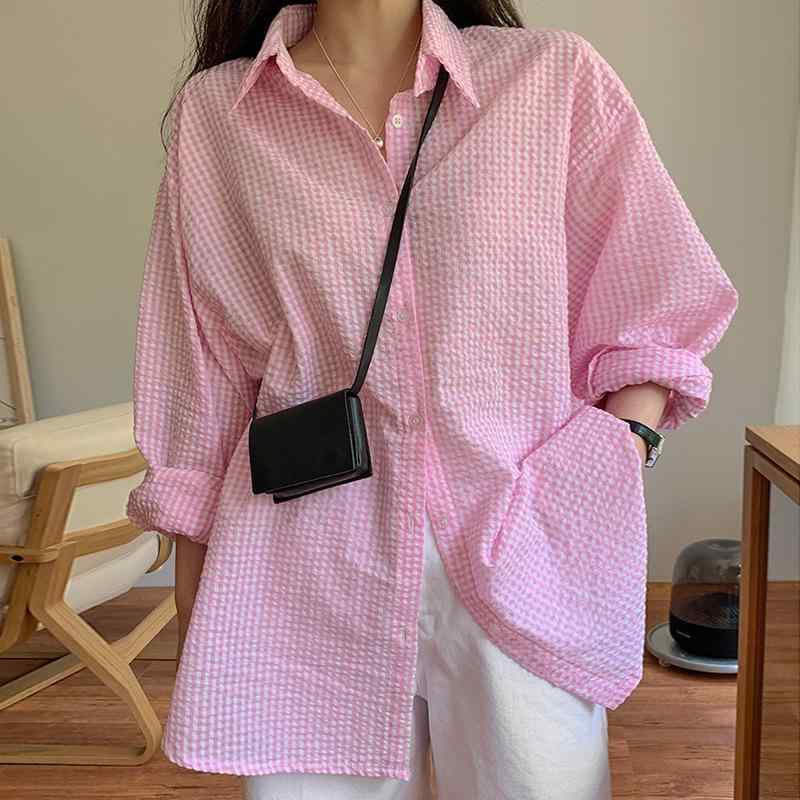 訂做 - シャツ 女性用 ピンク ブルー 格子柄 波浪襟 シングルブレスト ボタン ロングスリーブ プリンセススリーブ ミックスファブリック ストレッチ素材 通勤 OLスタイル 気質 プリント加工 ワイドシルエット ミドル丈 防紫外線 春夏 軽量 通年 吸湿速乾