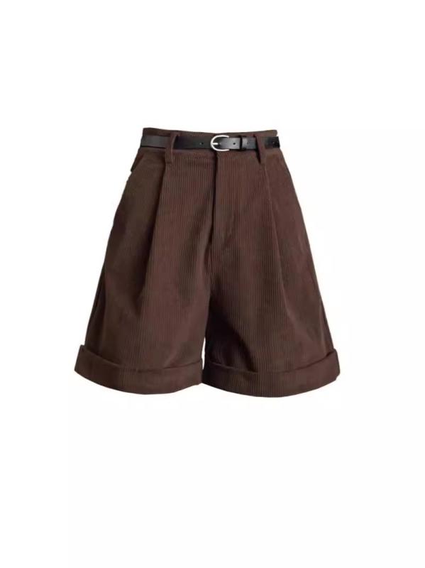 レディース 秋冬 灯芯绒 厚手 ポリエステル 素材 微弾性 ショートパンツ ハイウエスト ワイドレッグ ストレート シルエット ロールアップ 裾 黒 コーヒーブラウン ベージュ カラー スリム効果 快適 普段使い 秋 シーズン ショーツ クォーターパンツ