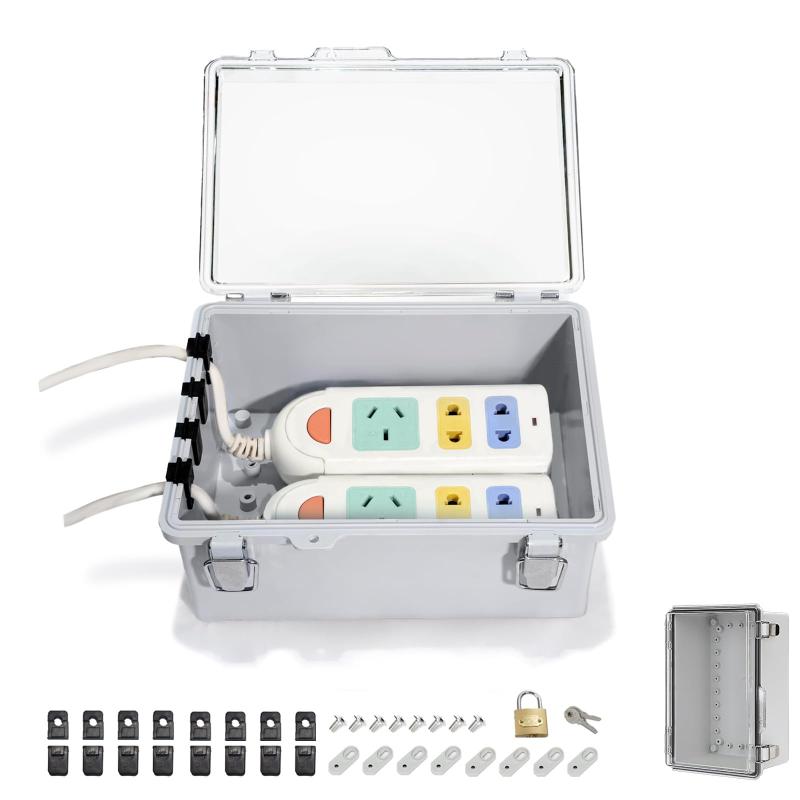 ISKALT 電気ボックス コンセントボックス ABS 防塵防水IP66 耐候性電気ボックス ヒンジ付きジャンクション ボックス グレー 防水屋 電源タップ収納 PC透明カバー付き 屋外 防水 ボ プラグ排水防