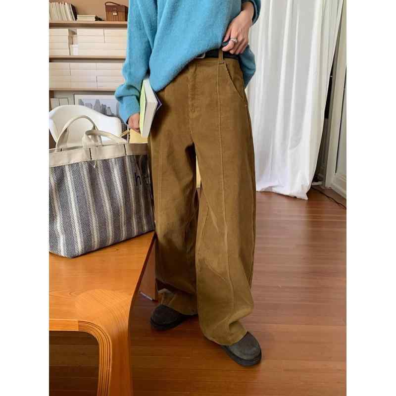 レディース ワイドパンツ 灯芯绒 気球型 縦ストライプ スリム効果 春秋 百搭 ゆったり 港風 ゆったりスタイル 気質 通勤 栗ブラウン 深カラー ロング丈 ポケット 付き 軽量 ストレッチ 素材 普段使い 秋冬 カジュアル レギュラーパンツ