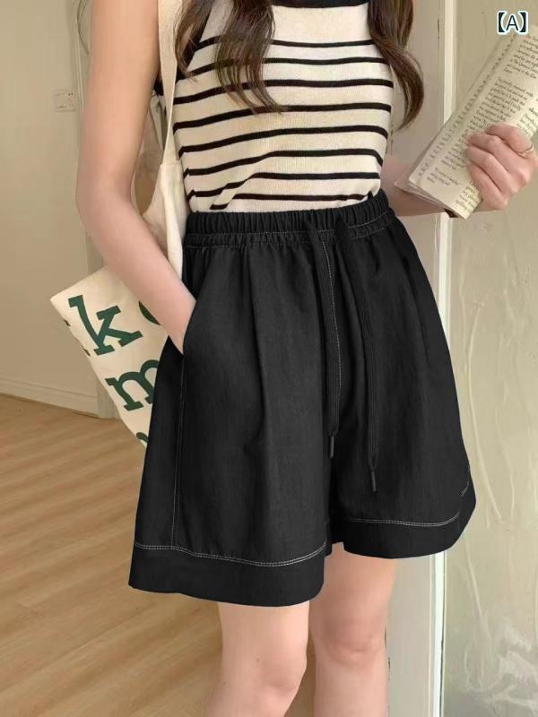 デニム ショートパンツ 女性用 夏 薄手 高腰 ワイドレッグ ゆったり スリムライン 百搭 黒 ネイビー マイクロストレッチ ポケット付き カジュアル 普段使い 膝上丈