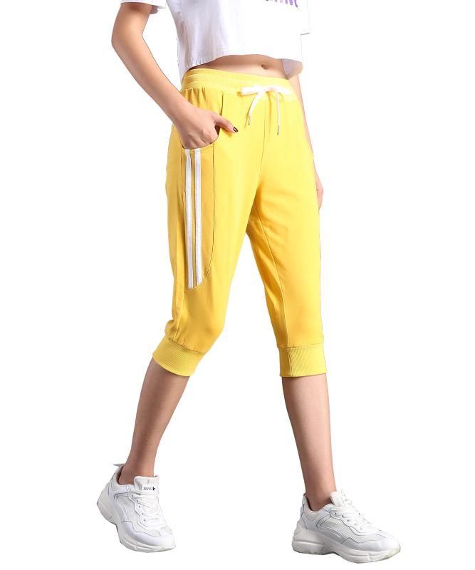 [RAKUKOU] レディース スウェットパンツ 7分丈 綿 スポーツ 2本ライン 半ズボン 夏 ポケット付き カジュアルウエア 柔らかい 通気性 伸縮性 吸汗 ヨガ ランニング