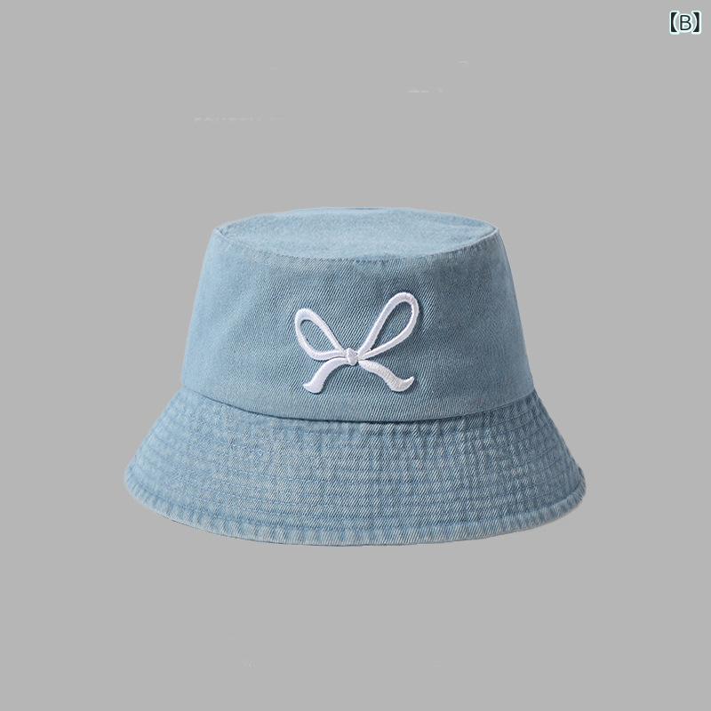 フォークBRのレディース 漁夫帽 牛仔布 刺繍 蝶結 デザイン 春夏 秋冬 通年 防晒 遮陽 透気 軽量 ファッション 通勤 普段使い カジュアル シンプル ラウンドトップ ワイドブリム ライトブルー ブラック ミッドブルー ダークブルー 女性用 外出 旅行 帽子 ア｜アングル2