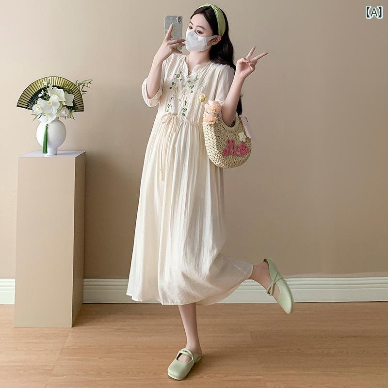 フォークBRのマタニティワンピース レディース チャイナ風 刺繍 抽しぼり 膝下丈 ゆったり 妊婦服 春夏 かわいい きれいめ お出かけ 普段着 産前産後｜アングル2