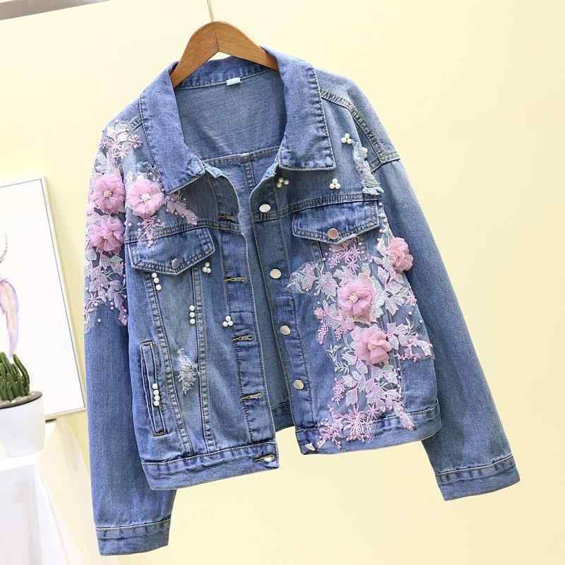 デニム ジャケット レディース ショート丈 長袖 綿 素材 幅広 シルエット ルーズフィット ポロカラー 刺繍 花柄 デザイン 破れ加工 花..