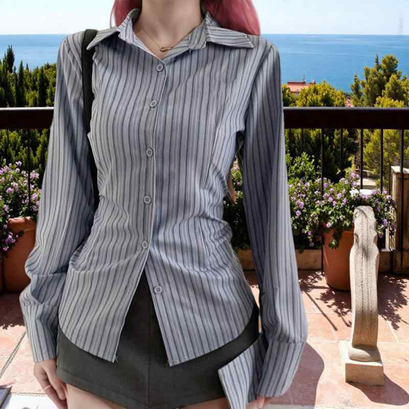 レディース 長袖 シャツ トップス ブルー 条紋 切り替え 修身 ウエスト 収縮 スリム フィット 私服 スタイル 純欲 風 セクシー 涼感 ポリエステル 繊維 吸湿 速乾 軽量 通勤 普段使い 秋冬 シーズン