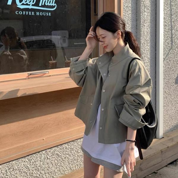 Custom-Made - レディース ジャケット コート 春夏 秋冬 韓国風 チック スタンドカラー ジップアップ デザイン ルーズフィット 長袖 トップス バイカー スタイル 外套 気質 通勤 都市 快適 カジュアル 単品 中厚手 普通丈 ポケット 切り替え 加工 ポリエステル