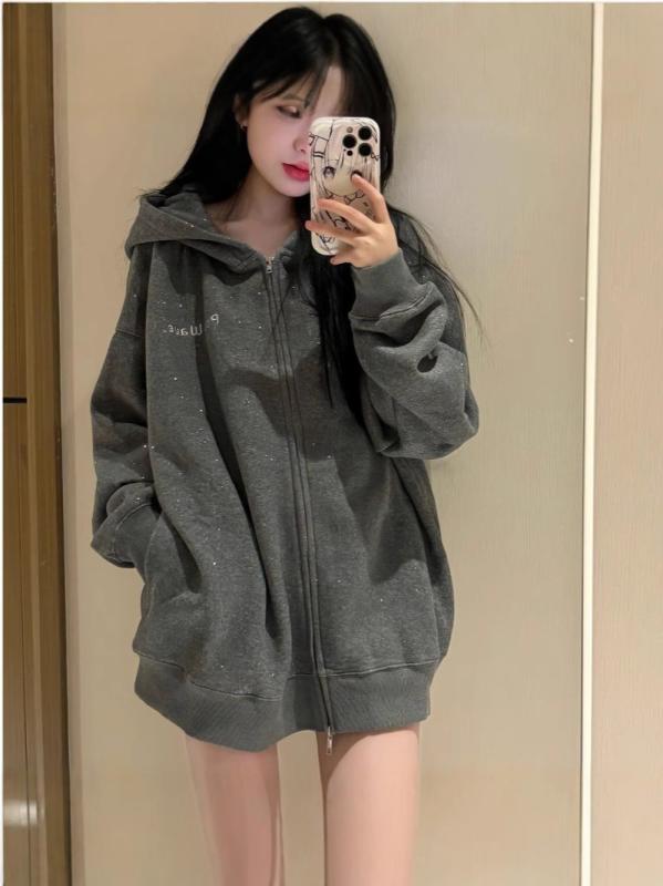レディース 開衫 連帽 フーディー 秋冬 薄手 学生服 風 外套 トップス 長袖 ジップアップ 印花 パターン ワイド シルエット ポリエステル 素材 深グレー 通勤 スタイル 快適 ゆったり 気質 キャンパス スタイル