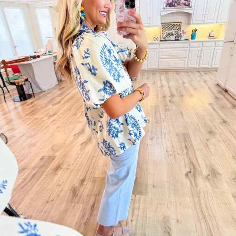 レディース シャツ Vネック 花柄 印花 泡泡袖 無袖 トップス 米白色 ポリエステル 95% 夏 春夏 フレンチスタイル ガーデン風 シンプル ファッション カジュアル 軽量 吸湿速乾 花卉 植物 フリル袖 セットインスリーブ 日常使い 通勤 休日 ビ