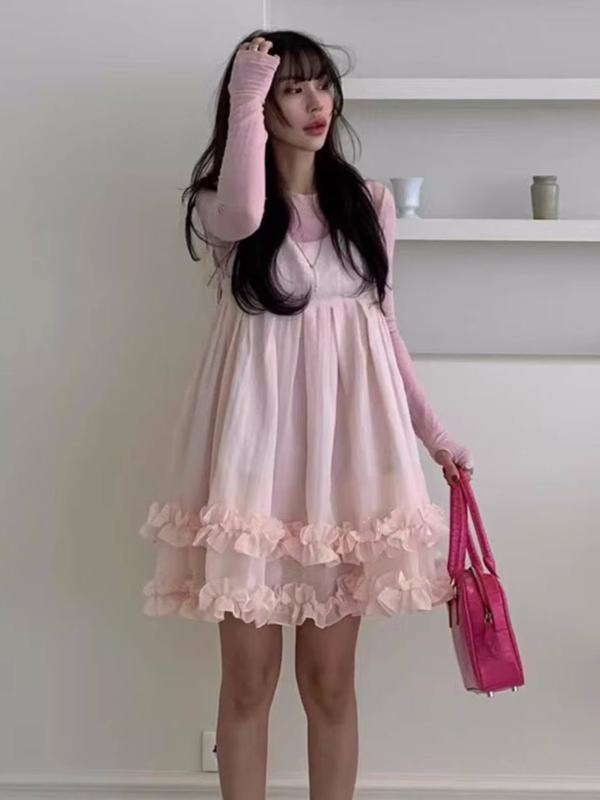 乐天商城 - ワンピース レディース 韓国風 春季 吊り帯 ルーズ Aライン ケーキスカート 短丈 ラウンドネック フリル袖 ハイウエスト 木耳レース 切り替えデザイン ポリエステル 再生繊維 白 杏色 ピンク かわいい 軽量 通勤 普段使い