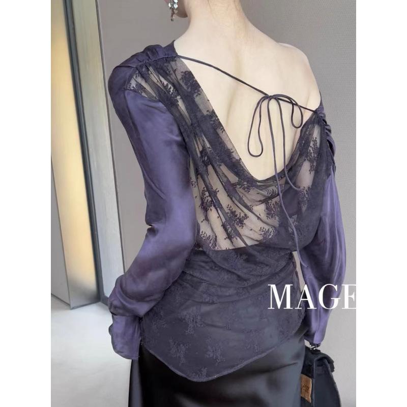Custom-Made - ブラウス レディース 春夏 フレンチスタイル セクシー レース 紐 バックレス 肩出し 銅アンモニア シルク トップス 長袖 飛沫袖 修身 切り替え 透け感 都市 通勤 気質 紫 米杏 黒 緑 接触冷感 伸縮性 軽量 高級感 セットアップ 普段使い