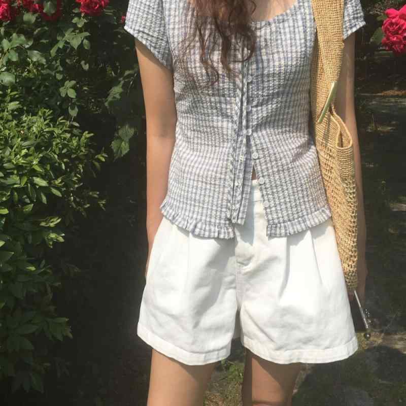 Custom-Made - シャツ 女性用 韓国風 夏 フレア袖 シングルボタン 短袖 チェック柄 トップス 直筒シルエット ラウンドネック 切り替えデザイン 接触冷感 吸湿速乾 軽量 綿混紡 紡績加工 深色ブルー ライトブルー カジュアル 私服 ミッドナイトブルー ライトブルー