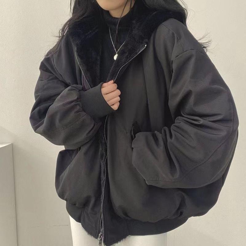 レディース コート 秋冬 厚手 ワイドシルエット 両面着用 羊毛風 ポリエステル コットン混 ロングスリーブ ポロカラー ポケット付き ジッパー開閉 ブラック ミルクホワイト ブルー ミリタリーグリーン 快適カジュアル 韓国風 短丈 暖か 軽量 吸湿速乾