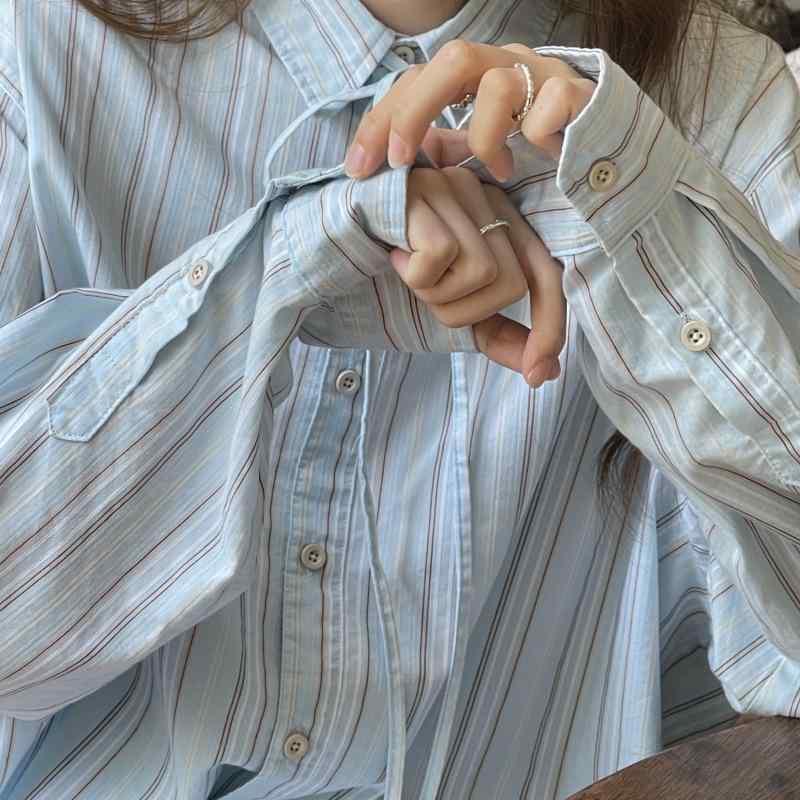 レディース 長袖 シャツ トップス 開襟 ポロカラ 条紋柄 切り替え 綿混紡 ポリエステル ワイドシルエット ゆったり デザイン 春秋 秋 長さ50-65cm 単排ボタン シャツ袖 紐付き 文学的 レトロ 風 甘美 清新 スタイル ライトウェイト 吸湿