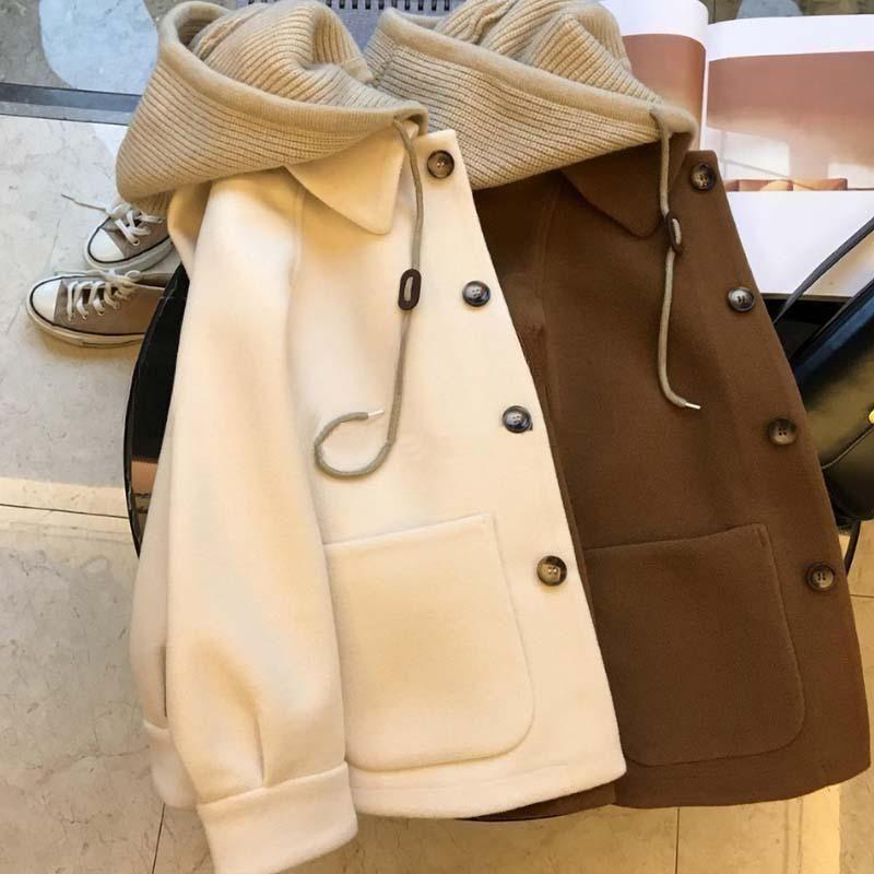 コート 女性用 フード付き 偽ツーピース 韓国風 フレンチスタイル 小香風 ゆったり ウール混 秋冬 ショート丈 コート 単色 ミドルウェイト ロングスリーブ ミックスデザイン クラシック 甘め 清新 ミックスカラー ベージュ ブラウン コットン混 ポリ