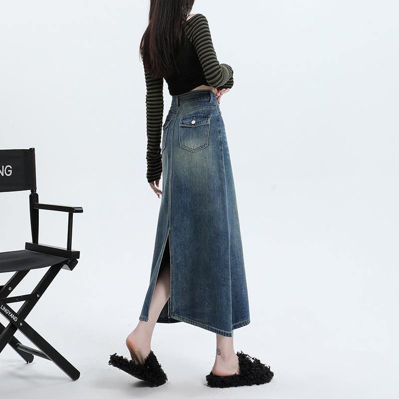 乐天商城 - スカート 女性用 秋冬 デニム 半身スカート 包み込み ミディ丈 開き ポケット 切り替え デザイン 泥黄色 復古風 綿素材 軽量 伸縮性 吸湿速乾 カジュアル 普段使い 通勤 部屋着 ハイウエスト ビッグシルエット アイボリー ブラウン系