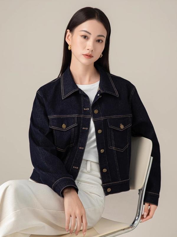 ジャケット メンズ 女性用 秋冬 デニム 素材 長袖 ワイドシルエット ミディアム丈 ネイビー 色 ポロカラー 肩幅ストレート ユニセックス スタイル ルーズフィット コットン混 布地 ストリートファッション カジュアル 普段使い 軽量 伸縮性