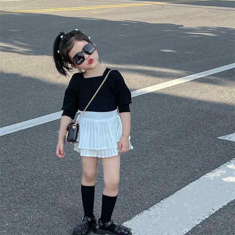 女の子 トップス スカート セット キッズ 女児 夏用 黒 方領 綿 かわいい スタイリッシュ 短パン 巻き縁 プリーツ 安全 普段使い 通学 軽量 通気性 3〜8歳 90〜140cm